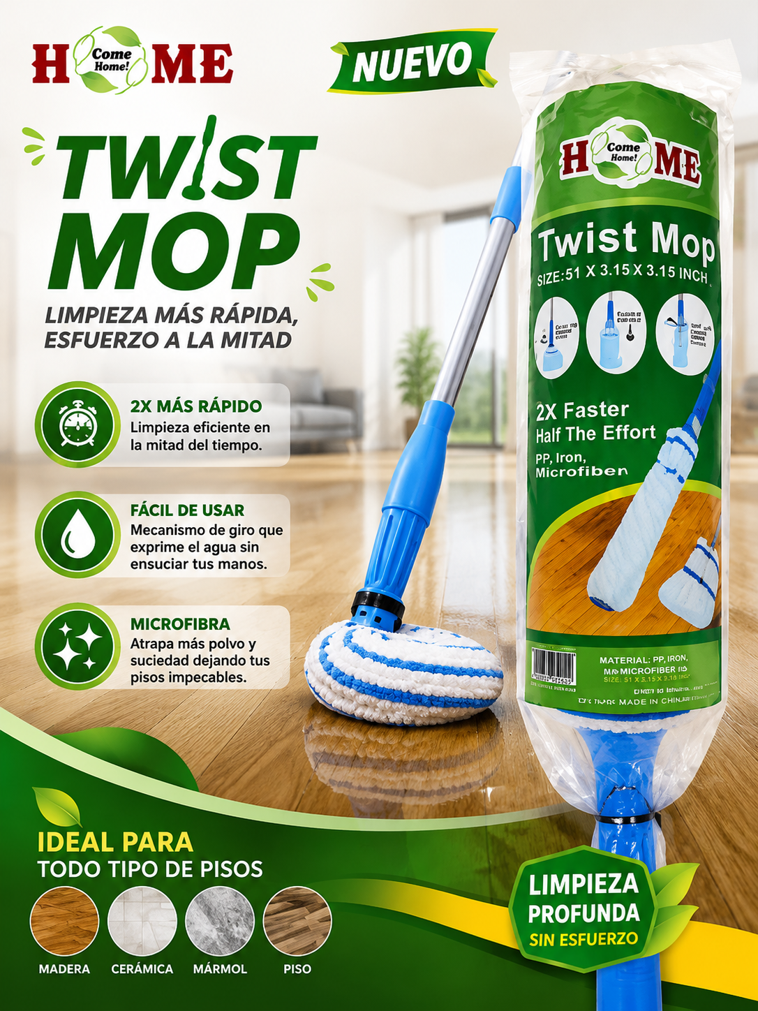 Home Green Leaf Twist Mop 51 x 3.15 x 3.15 Inches