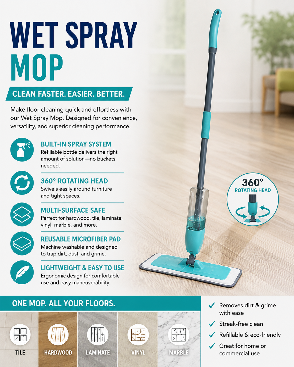 TLA Wet Spray Mop with 360 Rotating Head