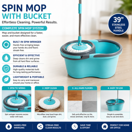 Uniware Spin Mop with Bucket, 39" Stainless Steel Handle