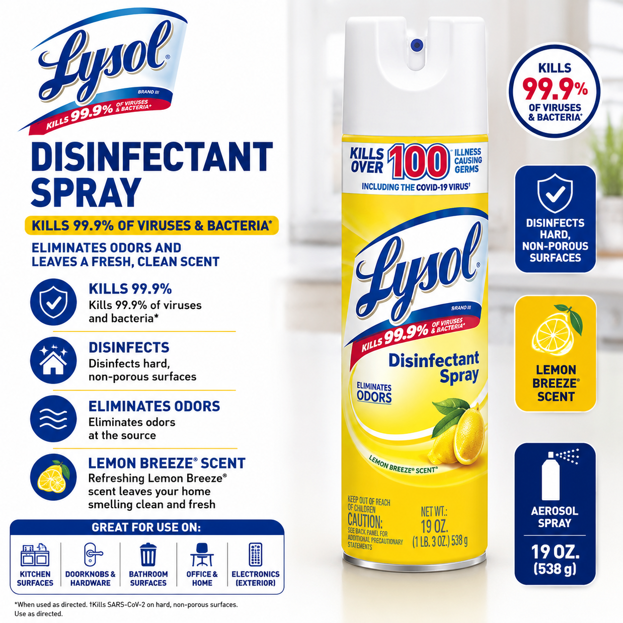 Lysol Disinfectant Spray Lemon Breeze Scent 19 oz (538 g)
