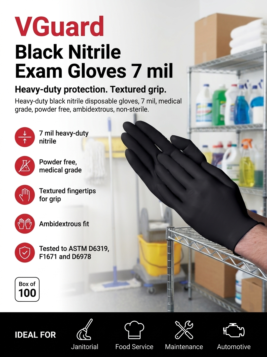 VGUARD BLACK NITRILE GLOVES 7 MIL (BOX 100)
